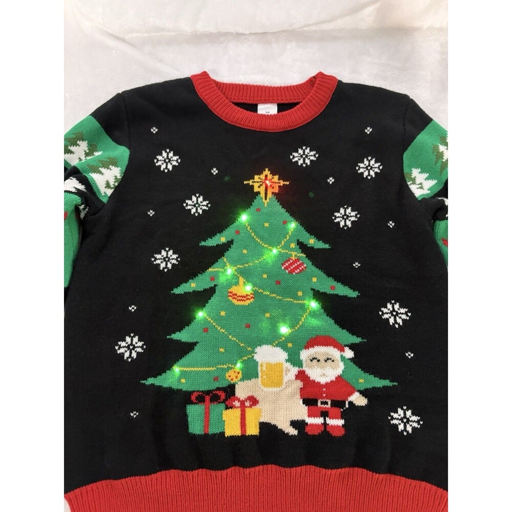 CHRISTMAS SWEATER Men's Sz Med Lights Up Santa Beer Christmas Tree Holiday